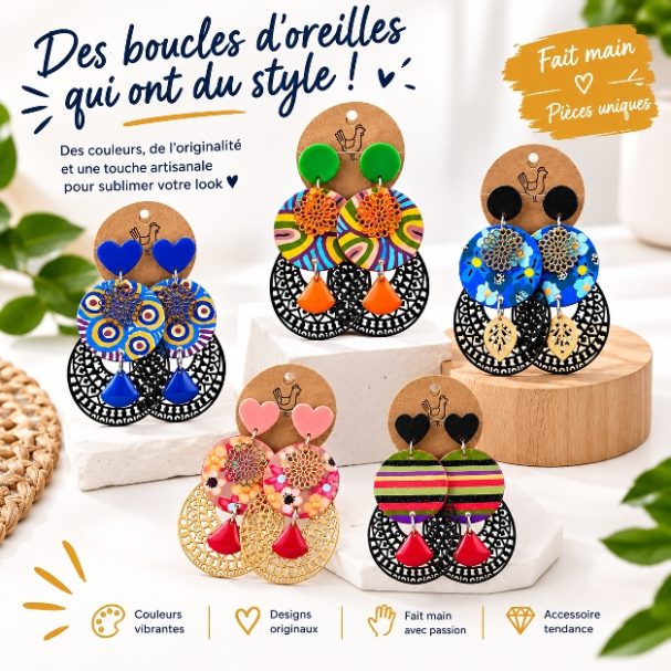 Boucles d'oreilles en bois modèle NIOKI Publication réseaux boucles d'oreilles poule d'oh modèle nioki